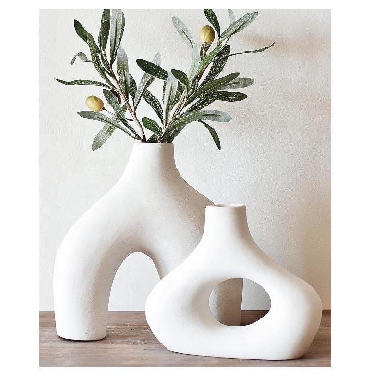 Set of 2 Nordic Minimalist Ceramic Sculptural Vases – Modern White Donut & Arch Design.