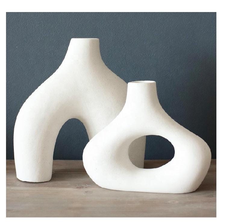 Set of 2 Nordic Minimalist Ceramic Sculptural Vases – Modern White Donut & Arch Design.