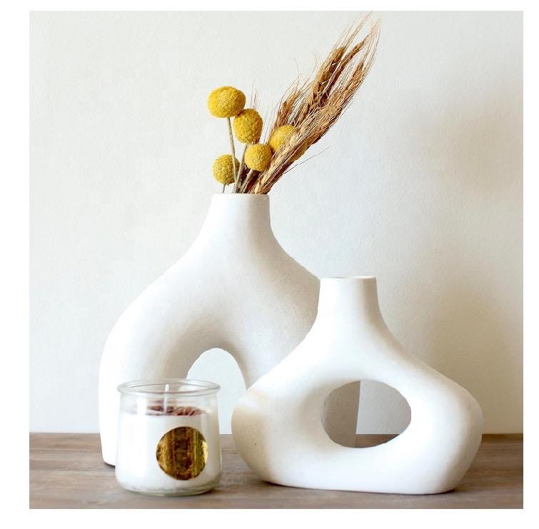 Set of 2 Nordic Minimalist Ceramic Sculptural Vases – Modern White Donut & Arch Design.