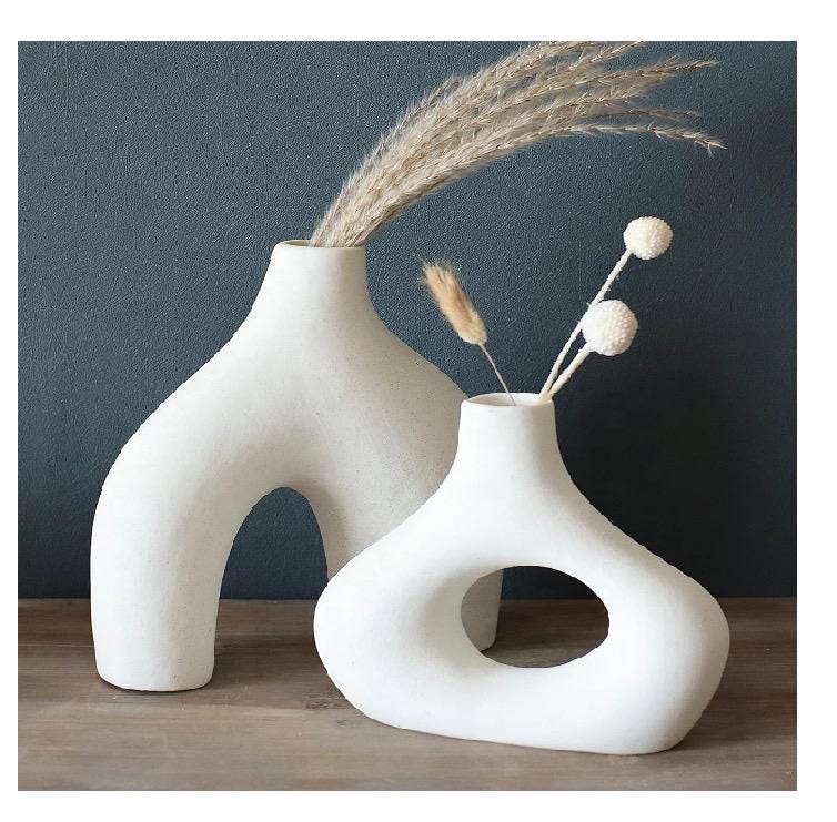 Set of 2 Nordic Minimalist Ceramic Sculptural Vases – Modern White Donut & Arch Design.